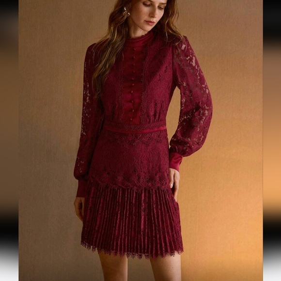 WOMEN'S AUTUMN/WINTER LACE PLEATED LONG SLEEVE SHORT DRESS - Picture 1 of 4